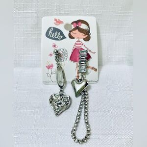 Silver Heart Earrings with Rhinestone Chains